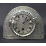 Lalique, a Feuilles style glass mantel clock moulded with leaves, with arched top and silvered dial,