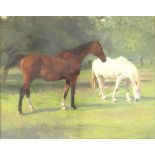 Kate S Badcock/Bay and Grey Pony in a Paddock/oil on canvas, 33cm x 40.