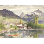 Isobel B Badcock/Montreux, Boats on a lake in a Mountainous Landscape/watercolour, 24.