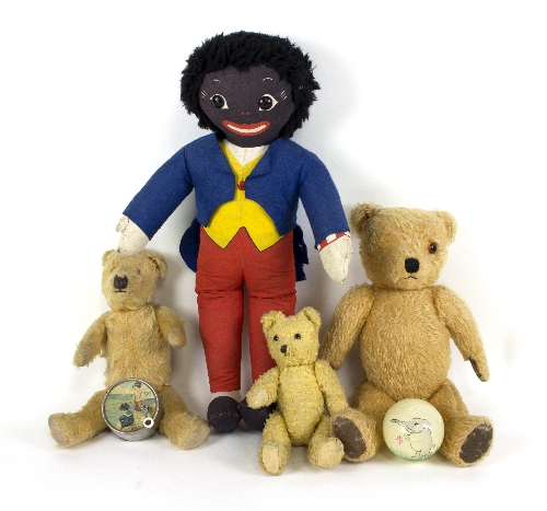 Three teddy bears, a Robertson's ragdoll golliwog,