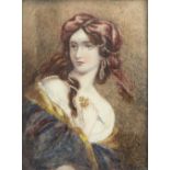 A late 19th Century portrait miniature of Lady Macbeth, holding a dagger, oil on ivory, 10cm x 8cm,