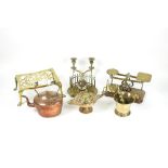 A set of brass postal scales and weights and an inkstand pen tray and other brass