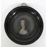 18th Century English School/A Portrait Miniature Depicting a Young Woman Wearing Pearl Earrings and
