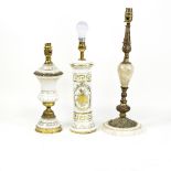 A gilt metal and marble table lamp of inverted baluster form and another two table lamps