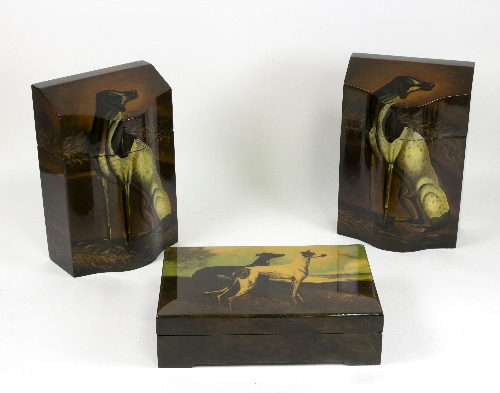 A pair of 20th Century painted boxes of serpentine form depicting hounds,