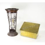 A mahogany and metal umbrella stand and a brass slippers box
