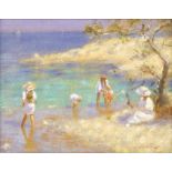 Rene Legrand (French 1923-1996)/Children Playing on the Shore/signed/oil on canvas board, 18cm x 23.
