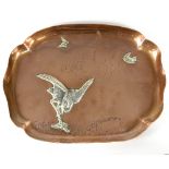 A Gorham Co copper tray in the Japanese taste applied with silver decoration depicting a crane,