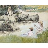 Ethel H Badcock RA/Children with Garland Clad Hippopotami in an African Lake/illustration from a