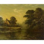 Walter Heath Williams (British 1835-1906)/Cottage and Figures on a River Bank/signed/oil on canvas,