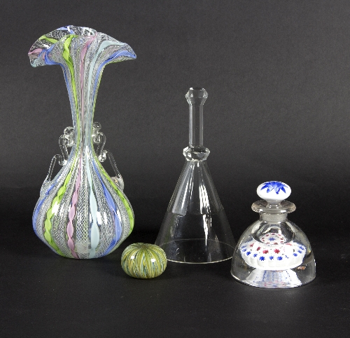 A Murano glass vase with fused coloured decoration, a stirrup cup,