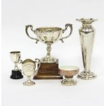 A silver twin-handled trophy, Adie Brothers, Brimingham 1924, plain body on a wooden plinth,