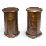 Two cylindrical mahogany chests, one of three drawers the other a cupboard and a drawer,
