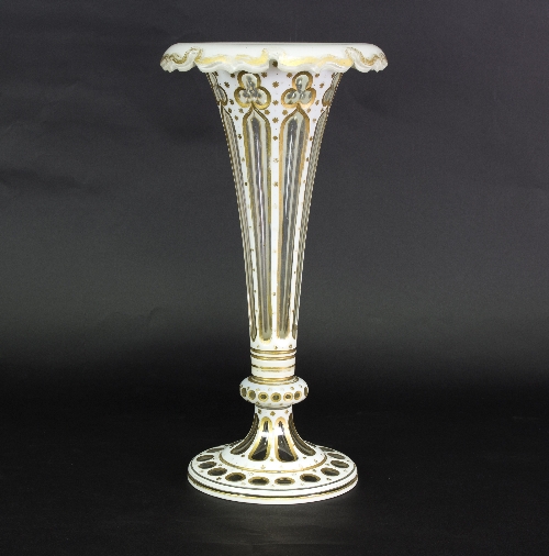 A Bohemian white overlay glass vase of trumpet shape, on a circular foot, 39. - Image 3 of 8