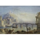 19th Century Continental School/River Scene with Town Beyond/watercolour,