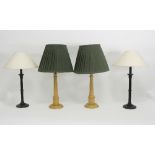 A pair of turned wood table lights with shades and a pair of simulated malachite table lights with