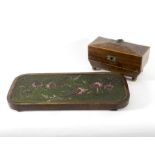 A 19th Century mahogany tea caddy with satinwood stringing and brass floral loop finial,