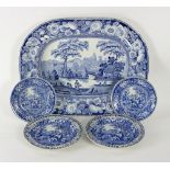 A pair of blue and white pearlware plates, circa 1805, with arcaded borders,