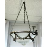 An early 20th Century glass pendant ceiling light shade with bronze swags and garlands of flowers,