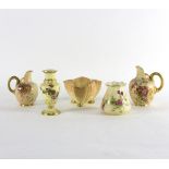 Five pieces of Royal Worcester blush ivory porcelain, comprising two 1094 pattern jugs,