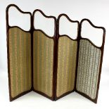 A late 19th Century four-panel three-fold screen with glazed upper panel and material lower panel,