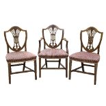 Eight mahogany dining chairs of George III style with shield shaped splat backs and upholstered