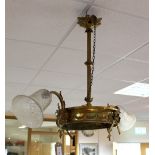 A gilt brass pendant ceiling lamp set two lights with glass shades and ribbon tie borders,