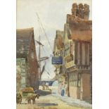 19th Century English School/Townscape/with half-timbered house and sailing ship beyond/watercolour,