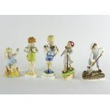 Five Royal Worcester days of the week figures, 'Monday', 'Wednesday', 'Thursday',