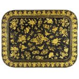 A 19th Century papier-mâché tray decorated in gilt in the manner of Clay, 76.