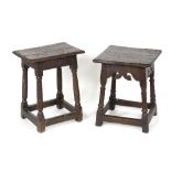 A 17th Century oak joint stool, the rectangular seat initialled GG beneath,