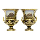 A pair of Derby style topographical campana vases named for Conway Castle and Harlech Castle,