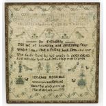 A late 18th Century needlework sampler, Susannah Moorman 1798, with verse, birds,