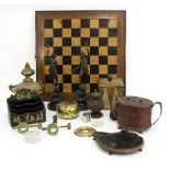 A toleware caddy with hinged cover, a wooden draughts board,