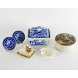 A late 18th Century blue and white Spode soap dish, cover and liner, decorated landscapes,