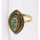 A turquoise and green enamel dress ring of navette shape, set in 18ct yellow gold, size Q½,