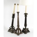 A pair of bronze table lamps, of column form on a triple paw support, 45.