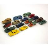 Dinky Toy vehicles including three trucks, two buses and eleven cars,