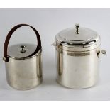 A silver plated ice bucket and another ice bucket with leather handle