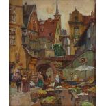 Alios Wierer (Czech 1878-1945)/Market Day, Continental Town/signed/oil on board, 28.
