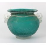 A turquoise frosted studio glass bowl of Classical Roman form with scroll handles,