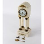 An alabaster cased mantel clock, the dial with Arabic numerals, on four columns to a square plinth,