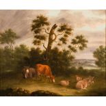 Manner of Charles Towne/Landscape with Cattle, Sheep and Donkey/oil on canvas,