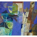 Jenny Webbe (British fl. 1983-1990)/Green Bottles/oil and pastel on canvas, 76cm x 83.