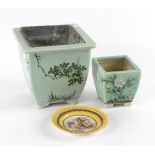 A Japanese celadon glazed and enamelled jardinière of square tapering form with metal liner,