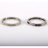 A sapphire and diamond eternity ring to a white metal mount,