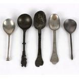 A collection of five pewter spoons