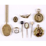 A 9ct gold ropetwist chain and oval locket, two circular glazed lockets, three pin brooches,