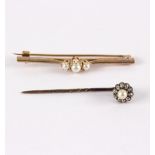 A 9ct gold and cultured pearl bar brooch and a cultured pearl and diamond cluster pin brooch