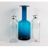 A pair of Orrefors silver mounted glass decanters and a turquoise glass vase